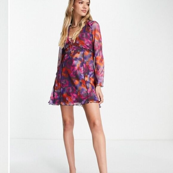 TopShop Lettuce Edge Mesh Mini Tea Dress in Pink Rose. Size 2XL. - Picture 2 of 12